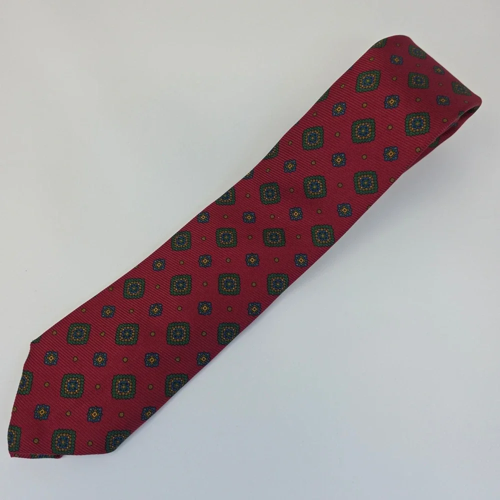 Polo Ralph Lauren Tie Mens OS Burgundy Red Silk‎ Foulard Medallion Handmade USA